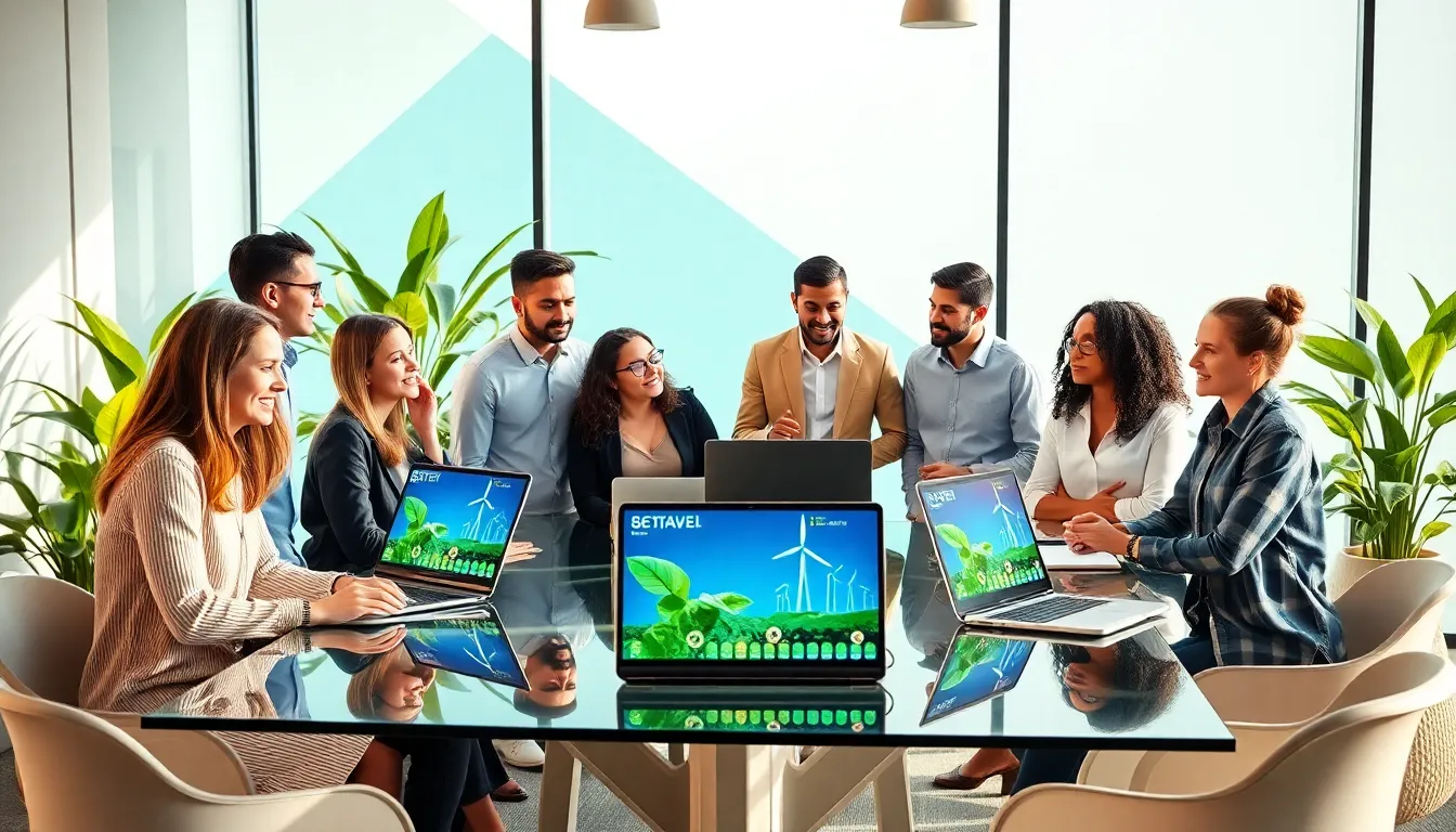 diverse professionals brainstorming sustainable technology in a modern office.