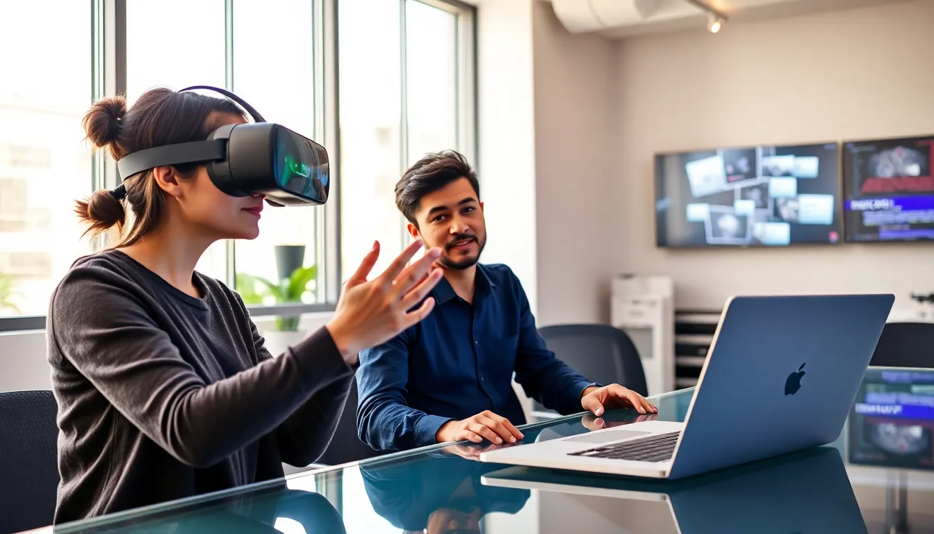 diverse team collaborating on virtual reality development in a modern office.