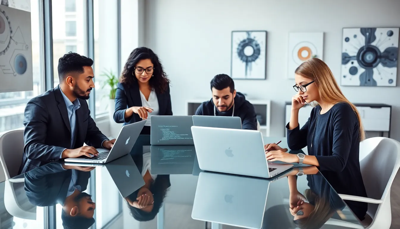 diverse developers discussing JavaScript concepts in a modern office.