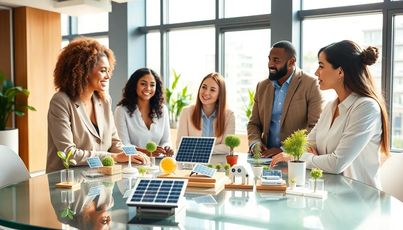 diverse team discussing sustainable technology in a modern office.