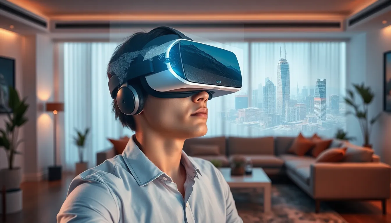 person using VR headset in a modern living room.