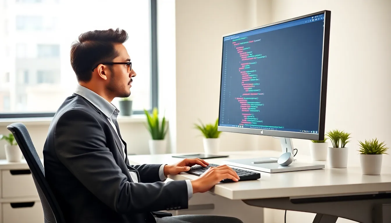 developer coding asynchronous JavaScript in a modern office.