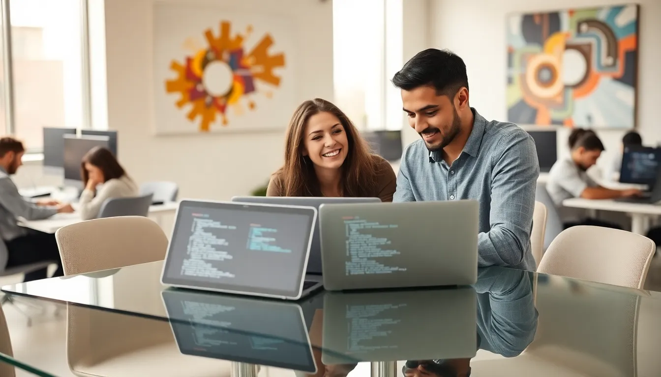 diverse team collaborating in a modern office, focused on coding in Java.
