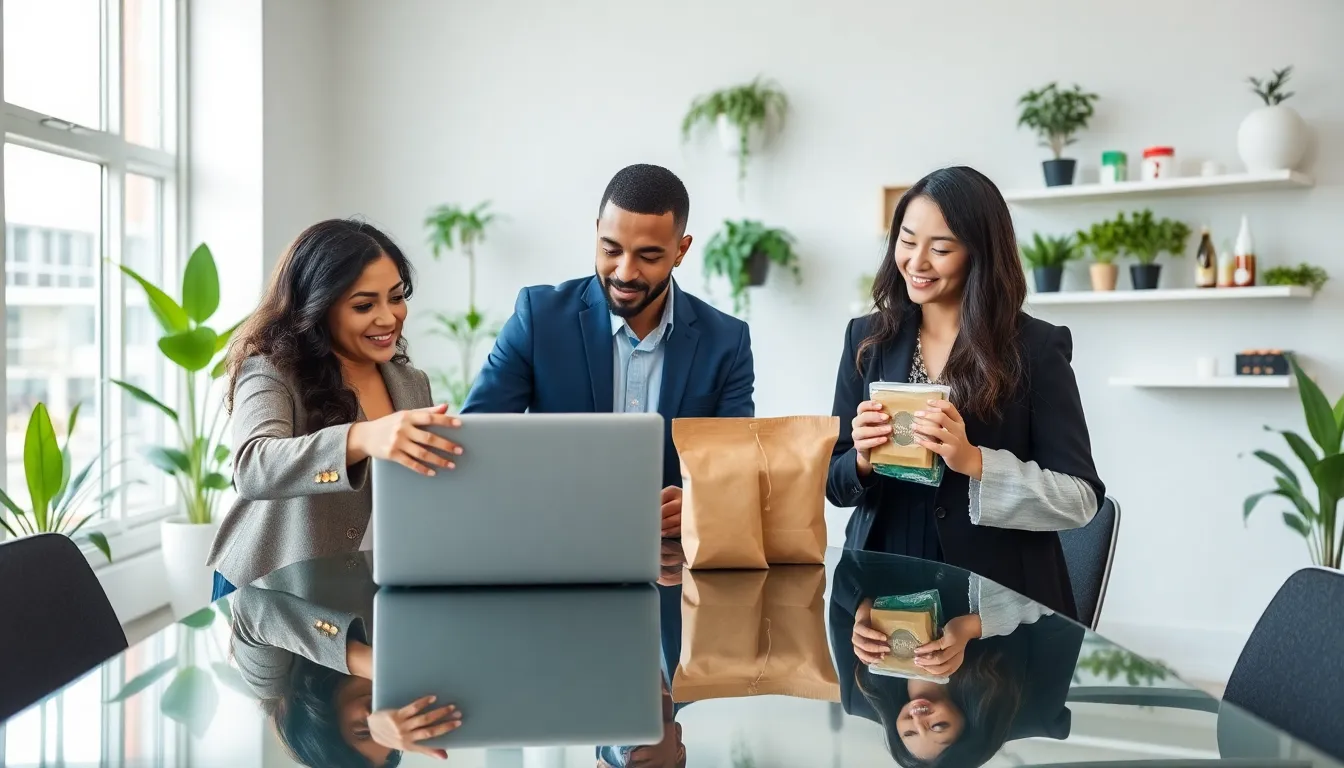 diverse team discussing sustainable packaging technology in a modern office.