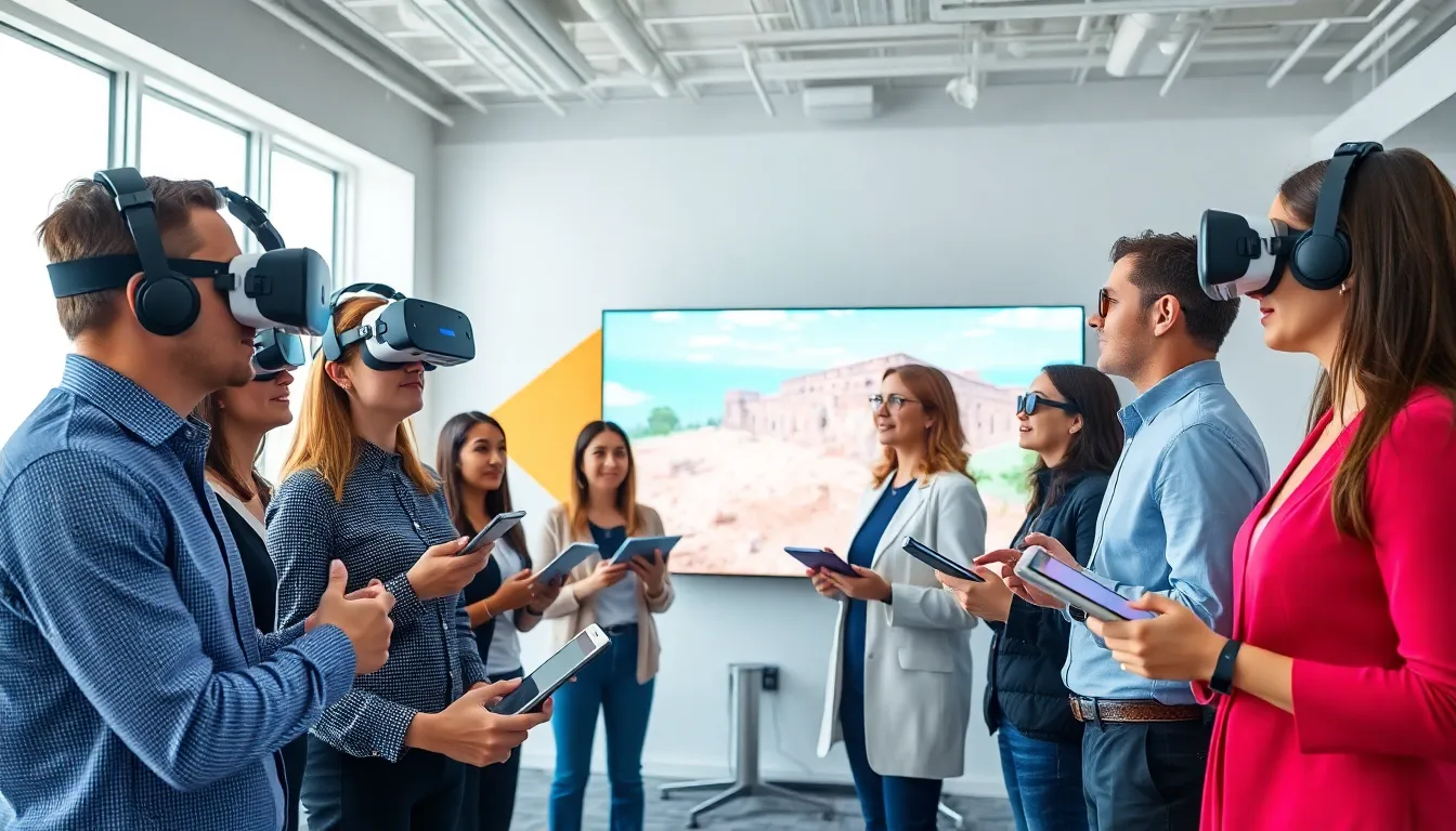 professionals demonstrating virtual reality technology in a modern office.