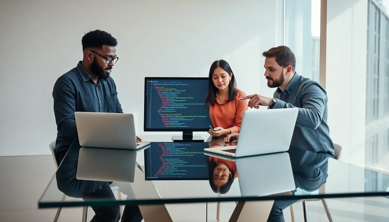 developers collaborating on JavaScript objects in a modern office.