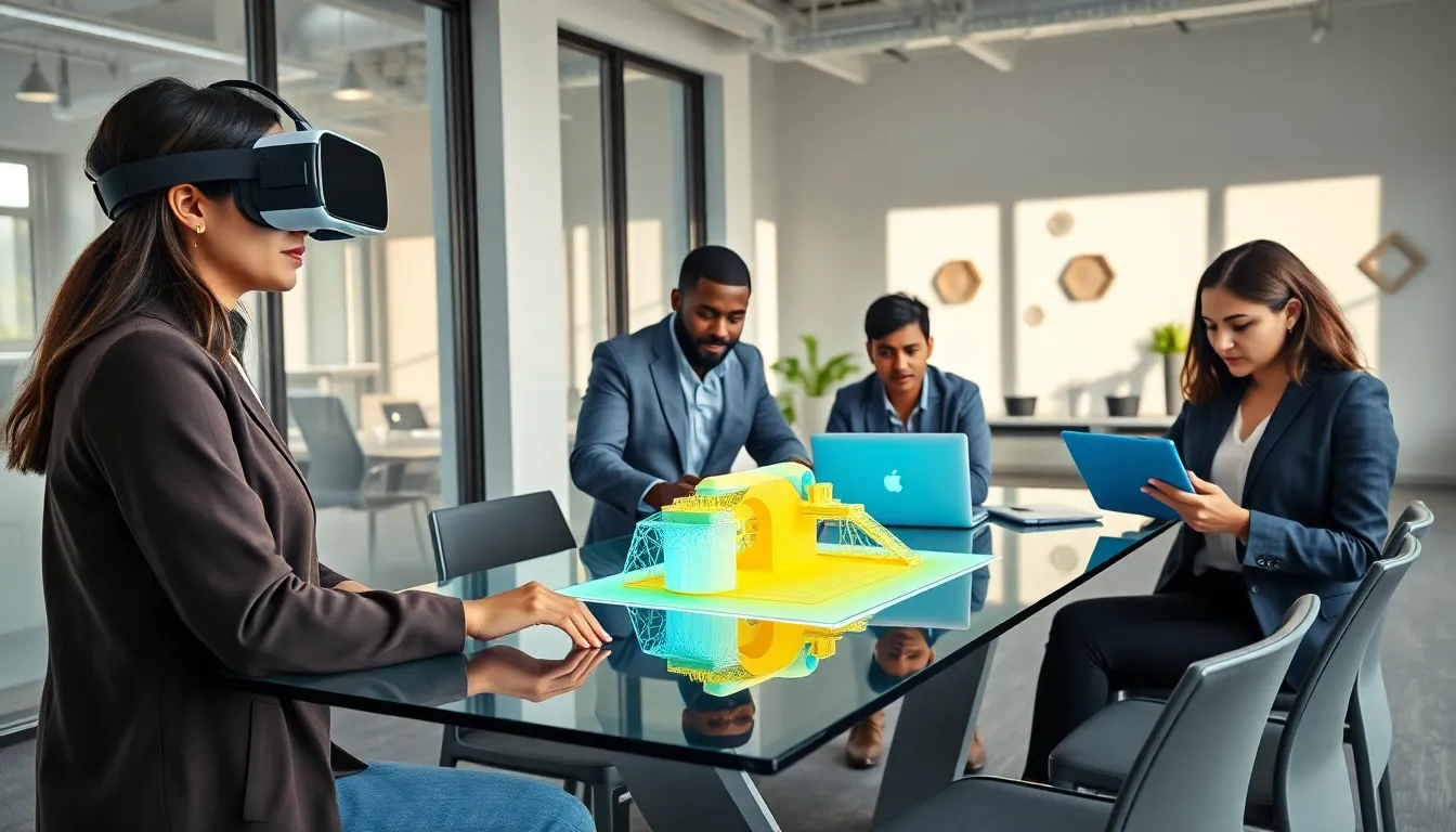 diverse team working on virtual reality applications in a modern office.