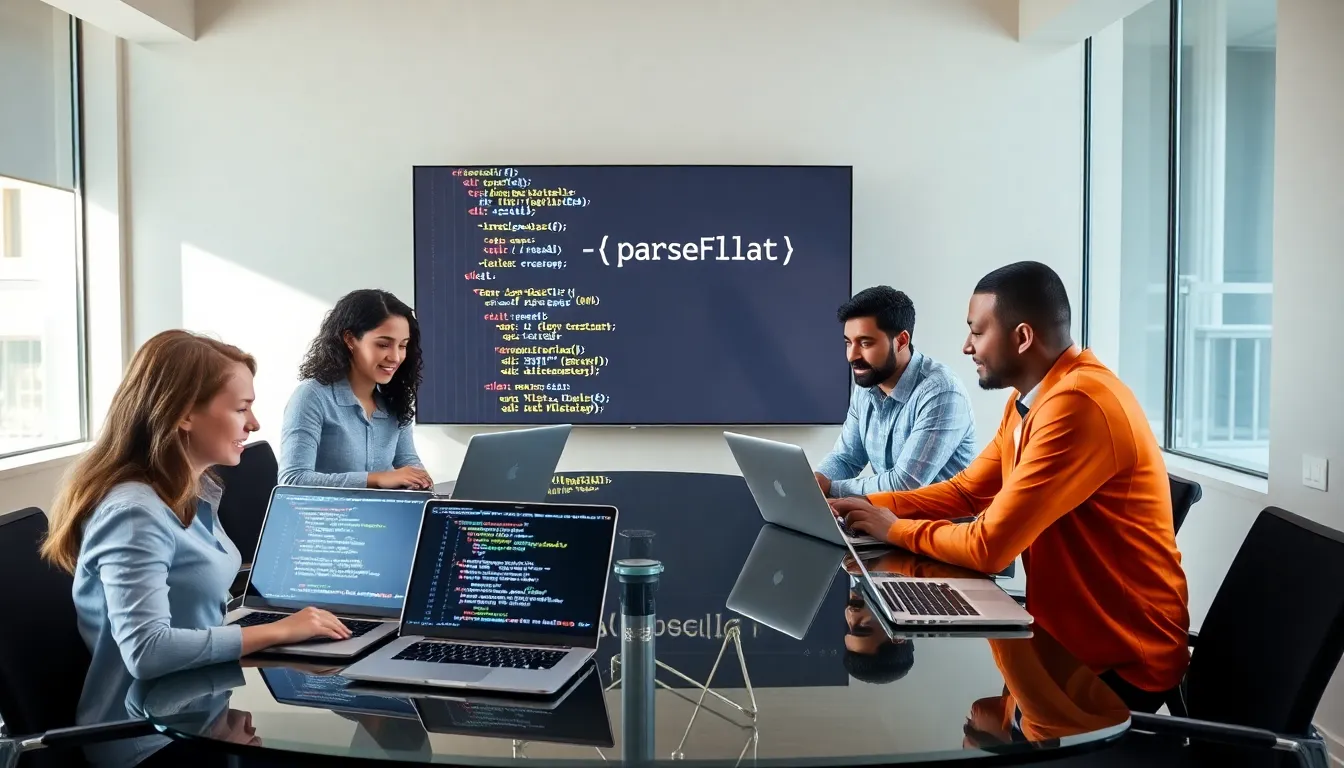 diverse team collaborating on JavaScript coding in a modern office.