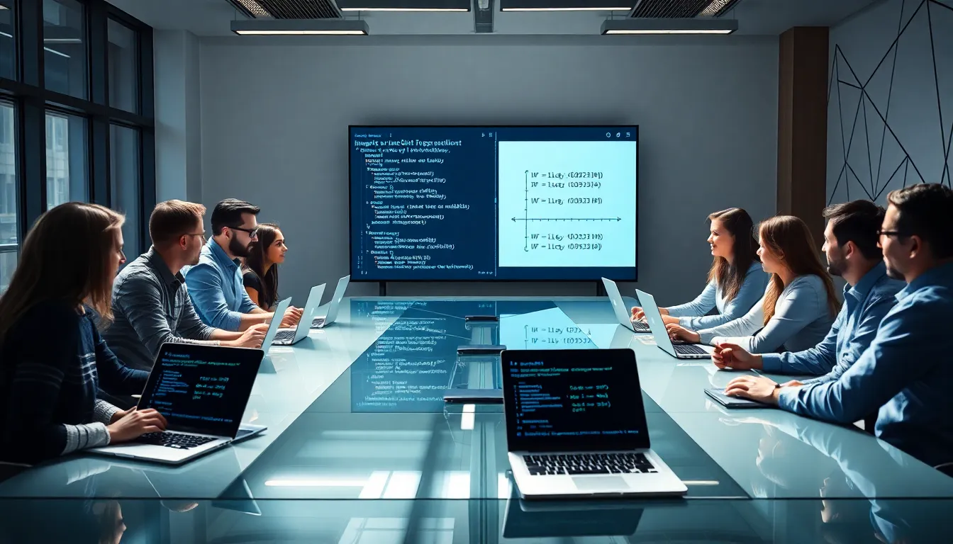 diverse team discussing JavaScript integer division in a modern office.
