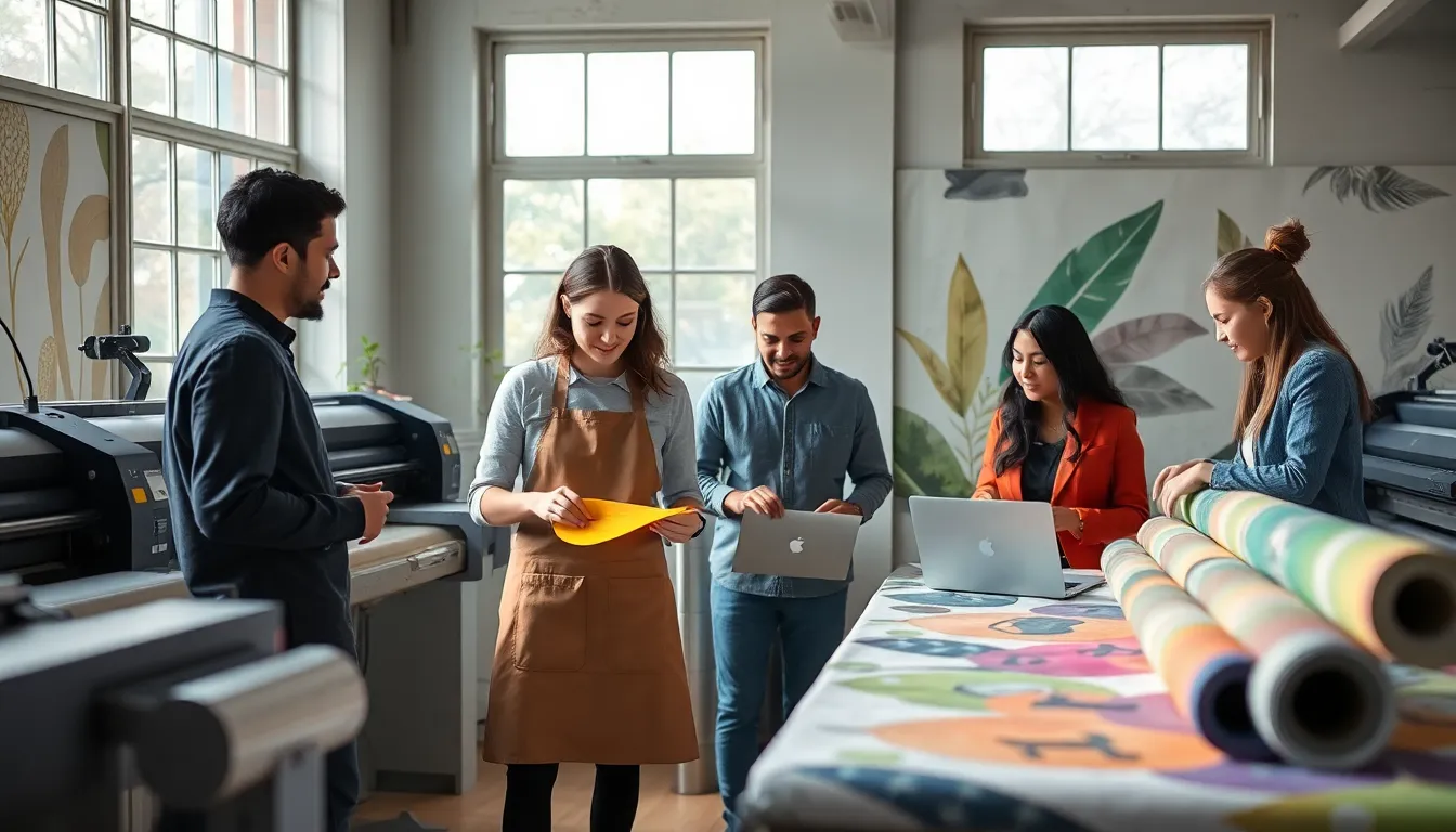professionals collaborating on sustainable fabric printing in a modern studio.