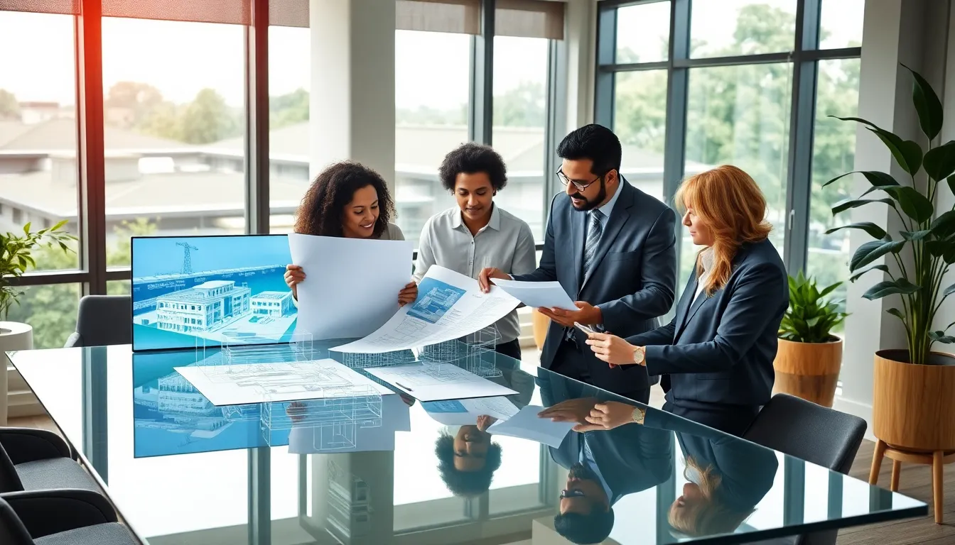 professionals discussing sustainable building designs in a modern office.