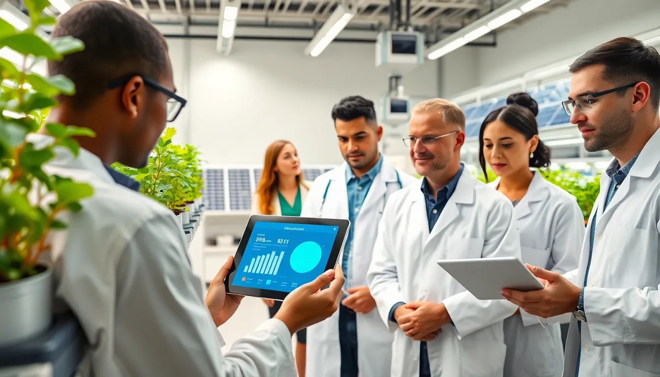 diverse team working in a lab on sustainable food technology.